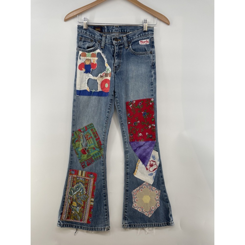 Vintage 90s Abercrombie Flare Jeans Girls Size 10 Hippie Patchwork 26Wx25.5L USA